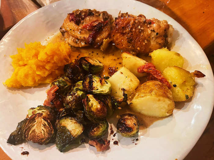 I served the chicken with a few fall-inspired sides: roasted yellow potatoes, Brussels sprouts, and mashed butternut squash.