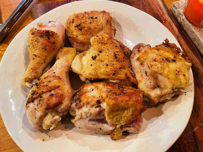 After the chicken was fully seared, I removed it from the pan to a plate.