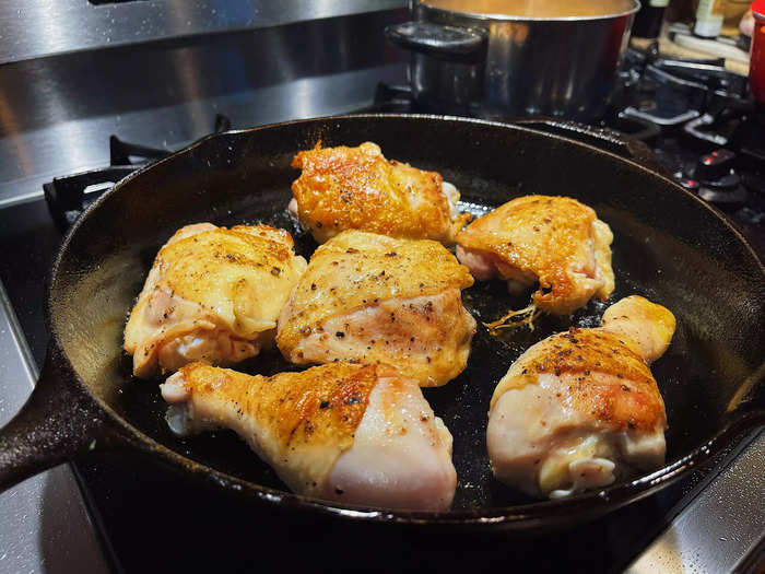 I cooked the chicken for about five minutes on each side, until the skin was golden brown and super crispy.