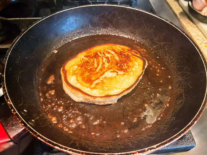 The pancakes turned a delicious-looking golden brown in the pan.