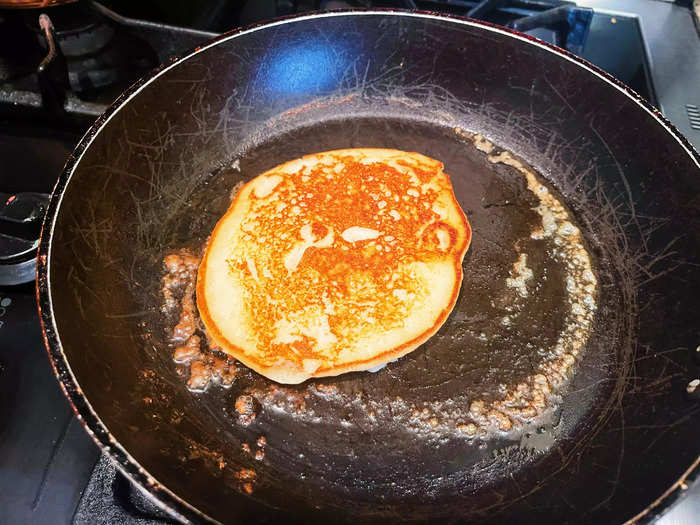 The pancake browned easily in the pan.