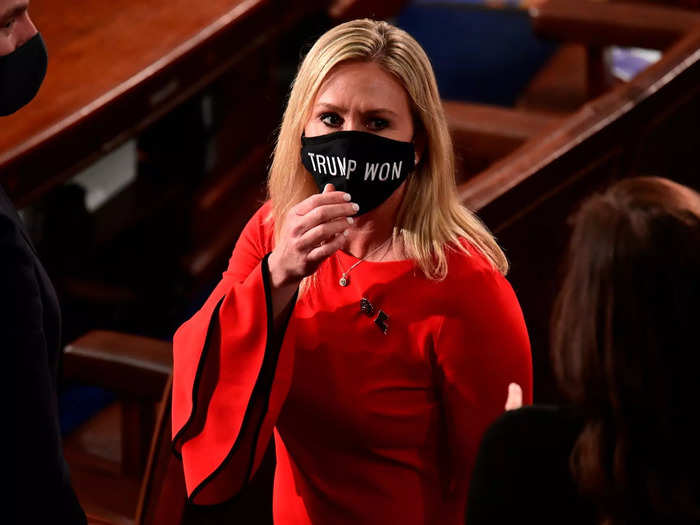 Rep. Marjorie Taylor Greene wore a "Trump won" face mask to take her oath of office after President Joe Biden won the 2020 election.