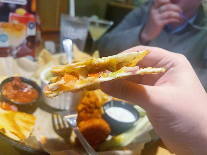 The chicken quesadillas impressed us.