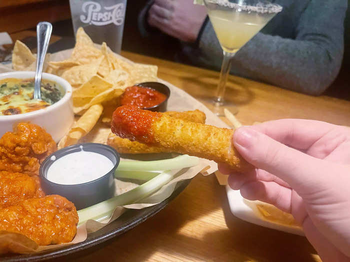 The mozzarella sticks were perfectly fried and warm when the platter arrived.