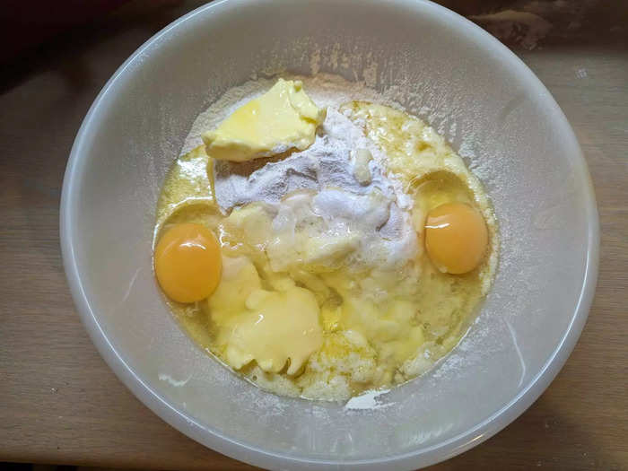 I then added the eggs, melted butter, and almond extract.