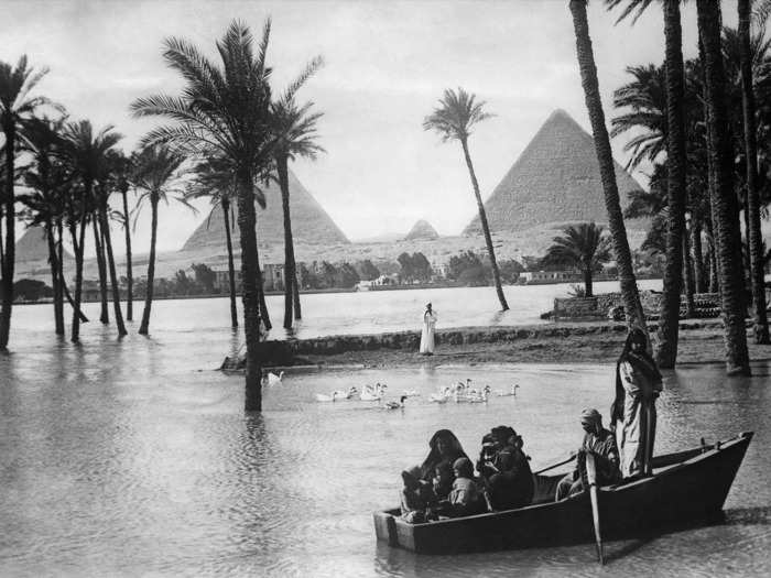 1927: A view of the flooded Nile River. The Nile floods every year in the summer, and it has been a huge part of Egypt