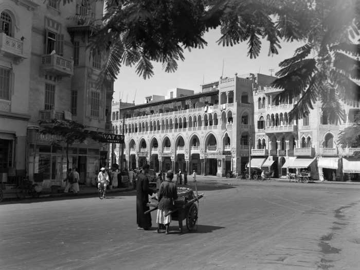 Circa 1920s: A photo shows a bustling street in Heliopolis, a suburb of Cairo.