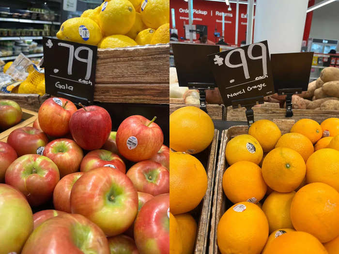 Produce at Target was more expensive, with individual pieces of fruit ranging from 79 cents to 99 cents each.