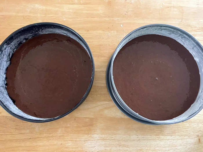 I evenly poured my batter into two 8-inch round pans.