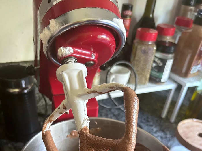 I sifted my dry ingredients together and mixed the cocoa and espresso powders with half-and-half and hot water before I began making my batter.