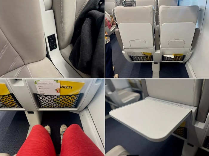 The seat had the expected amenities, including a seatback pocket, tray tables, and power ports.