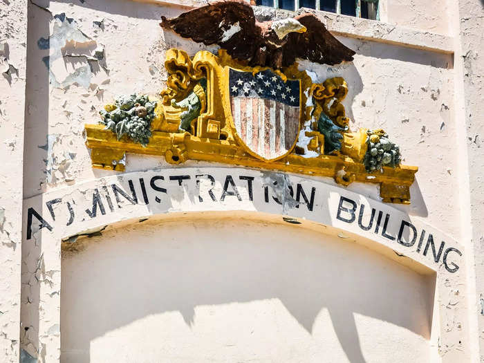 Visitors can see where correctional officers and staff entered Alcatraz prison through these front doors to the administration building.