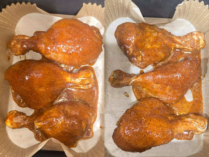 Place the chicken into your air fryer and drizzle the remaining marinade over the drumsticks.