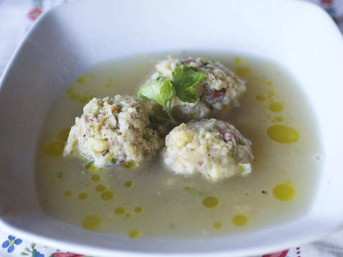 She recommends making a matzo-ball-style soup out of leftover stuffing, cooked meats, and vegetables.