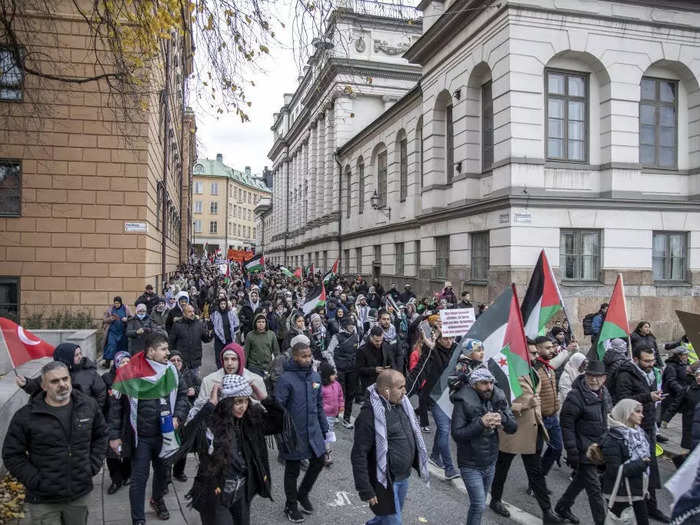 Pro-Palestinian protesters in Stockholm called for a cease-fire outside the city