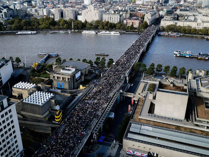 Tens of thousands of protesters gathered in London on Saturday to demand a ceasefire