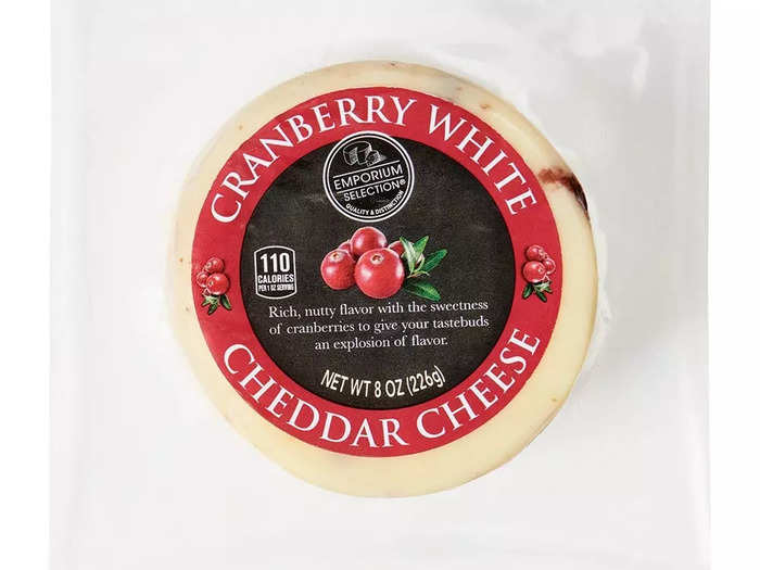 Add a unique element to cheese boards with the Emporium Selection cranberry-white-cheddar cheese.