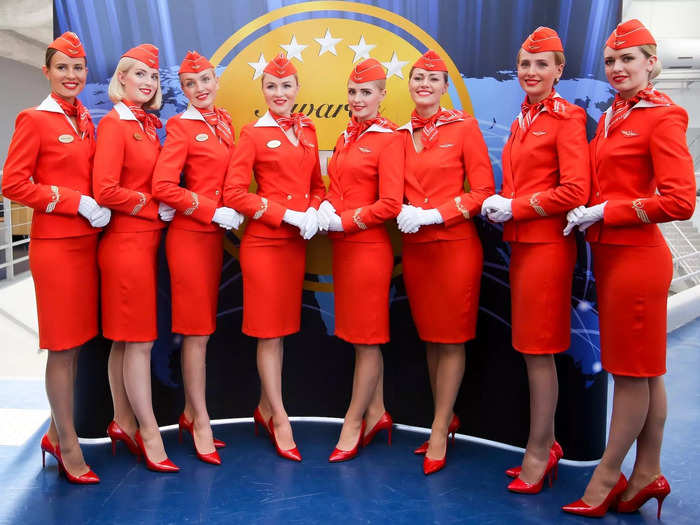 Today, Aeroflot flight attendants can be easily recognized, thanks to their vintage-inspired, bright-red outfits.