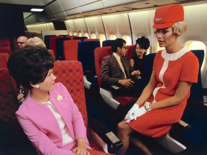 From 1968 to 1970, United flight attendants wore a collection of mod-style minidresses designed by Jean Louis.