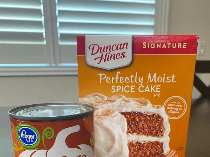 I started by buying the two ingredients — spice cake mix and pumpkin purée — which cost me $6.79 at my local grocery store.