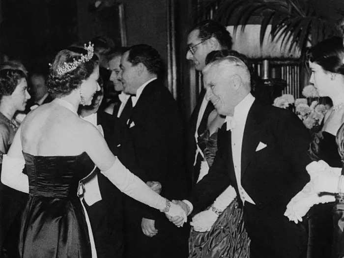 Over in London in October 1952, Queen Elizabeth II shook hands with Charlie Chaplin at the Empire Cinema premiere of "Limelight."