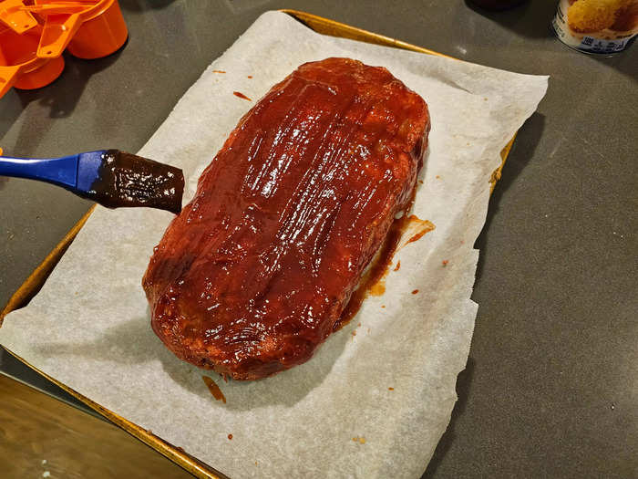 Once prepped for the oven, the meatloaf looked nice and shiny. 