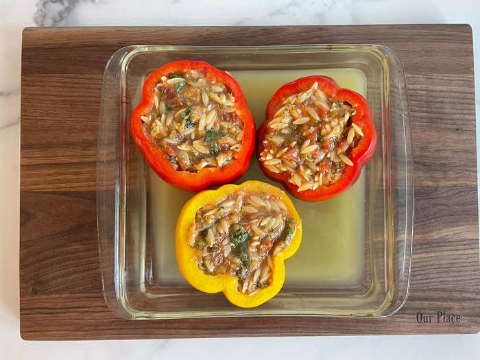 I stuffed the peppers and put them in an oven at 400 F.