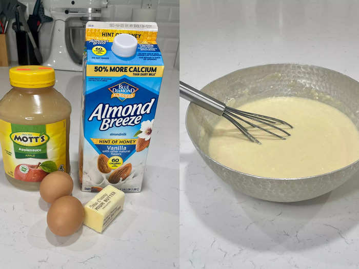 Add the four wet ingredients into the bowl to create the pancake batter. 