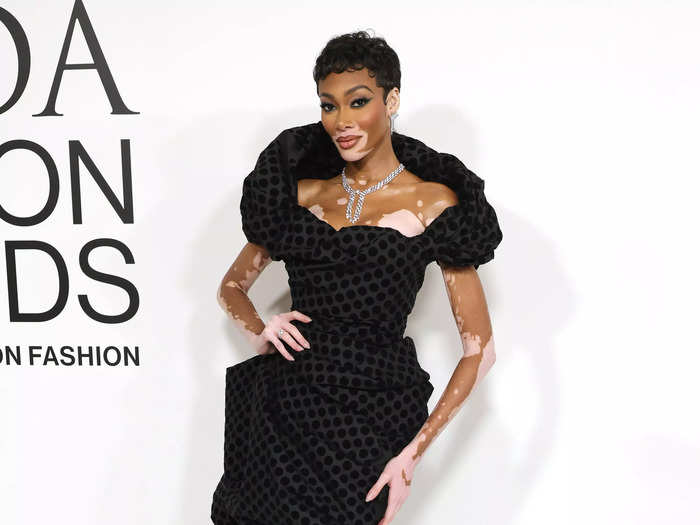 Winnie Harlow wore a polka-dot dress with an exaggerated collar.