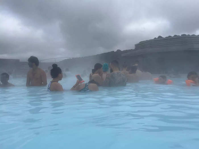 The face-mask station inside the lagoon had a long line.