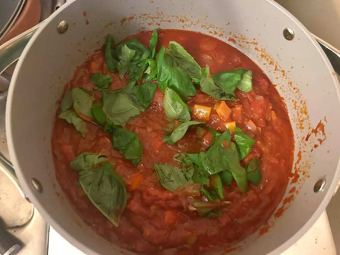 After throwing in some basil, I brought my chili to a boil and then reduced the heat to a simmer. 