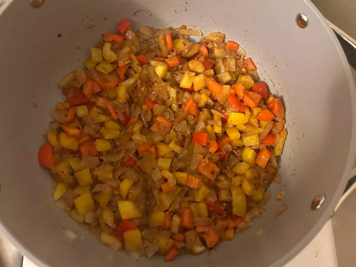 Then I added the bell peppers and seasoning. 