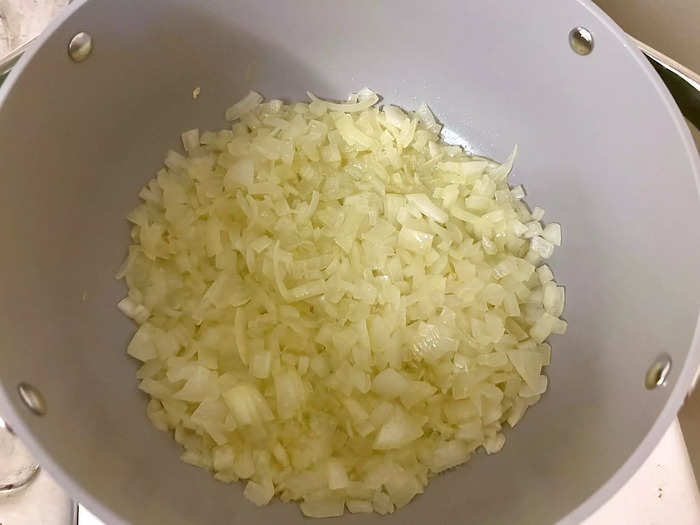 I cooked the onions for 15 minutes, until they turned translucent, then added the garlic. 