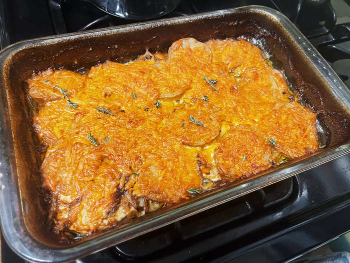 After another 20 minutes uncovered in the oven, the potatoes had a deep golden crust over the top. I wish you could smell this photo.