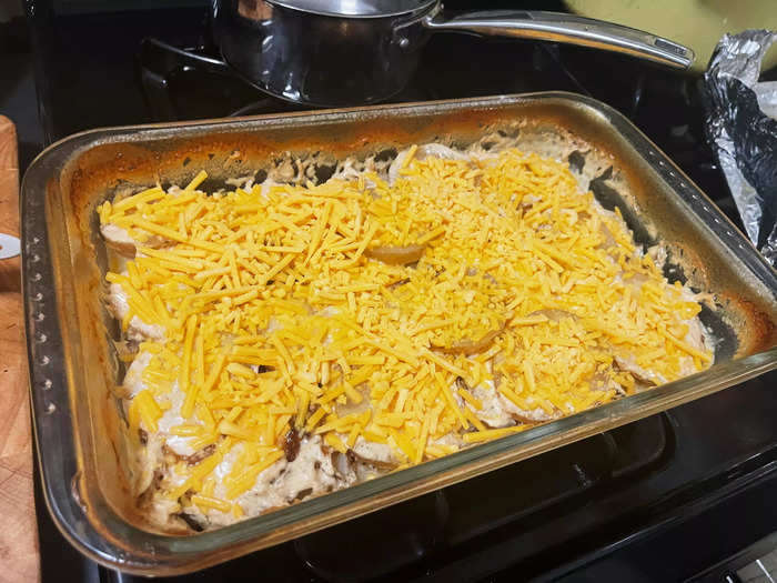 I finished off the scalloped potatoes by layering about a cup of shredded cheddar cheese over the top and popping it back into the oven.