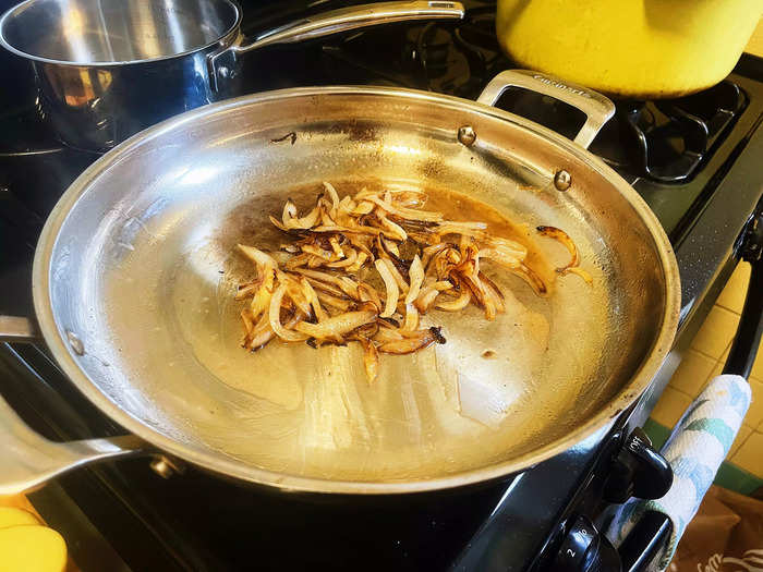 After about ten minutes of cooking, and stirring frequently, I added a quarter cup of dry white wine to the pan.