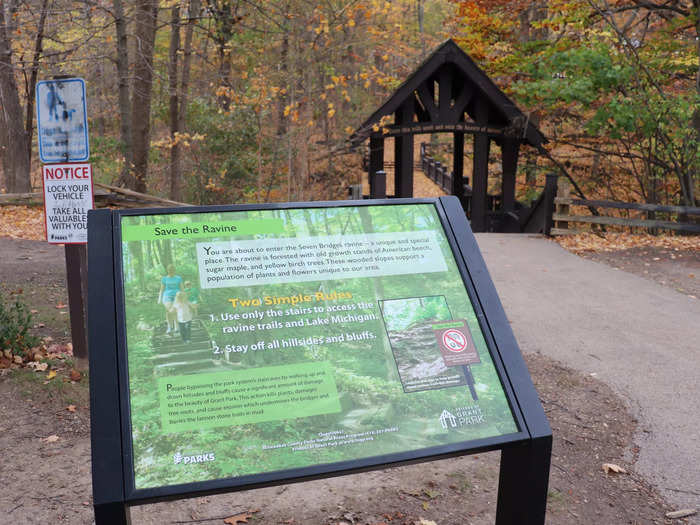 A sign in the parking lot instructed hikers to help preserve the ravine by keeping to the stairs and trails, which are open year-round.