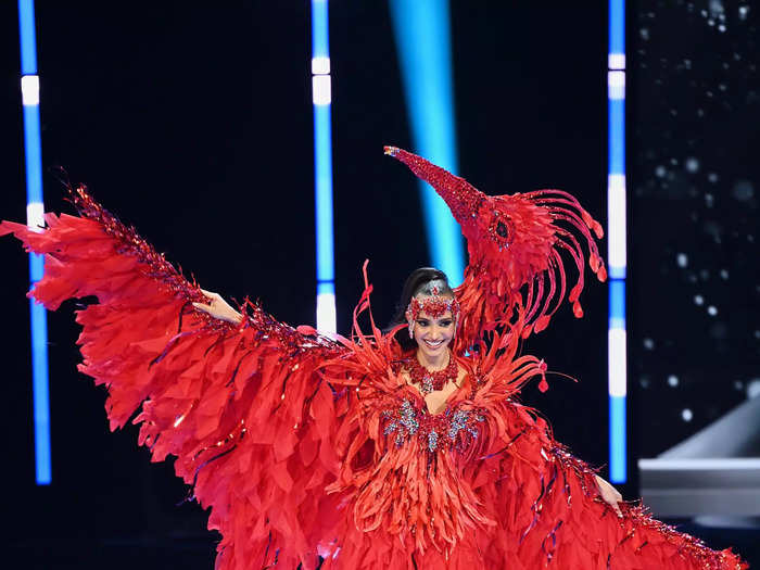 Miss Trinidad and Tobago Faith Gillezeau paid tribute to both a bird and carnival with her costume. 