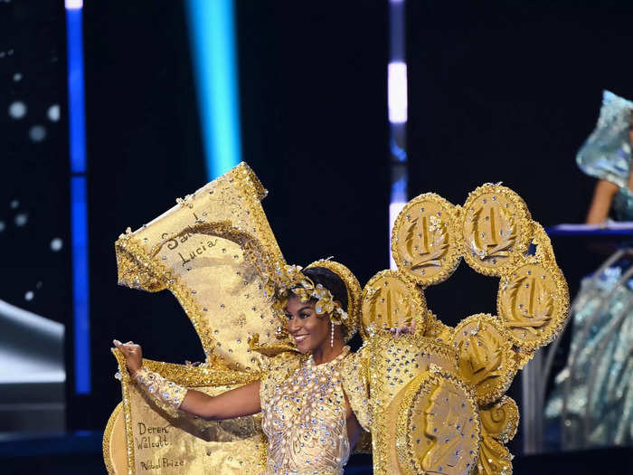Miss Saint Lucia Earlyca Frederick wore an all-gold ensemble to honor her nation