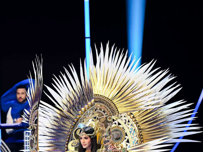 Miss Peru Camila Escribens looked to ancient pre-Colombian civilizations for her national costume contest outfit. 