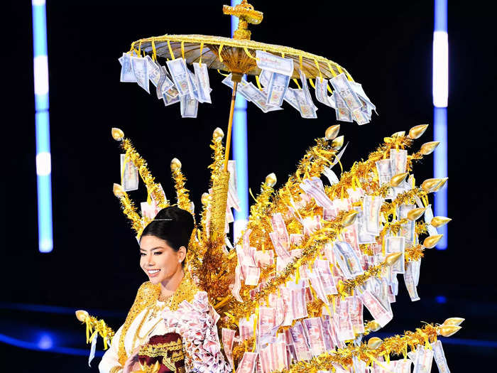 Miss Myanmar Amara Bo was dressed like a "Burmese Virtue Tree."