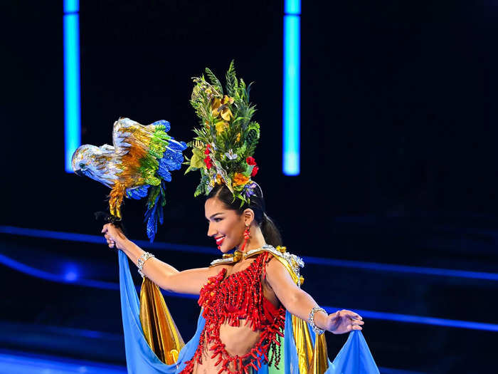 Miss Aruba Karol Croes wore a colorful outfit inspired by an indigenous queen during the national costume contest.  