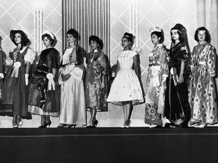 July 4, 1960: The national costume contest has been part of Miss Universe since the beginning. These are the national costumes at the 1960 pageant.