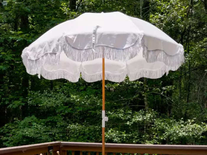 Fringed outdoor umbrella from World Market 