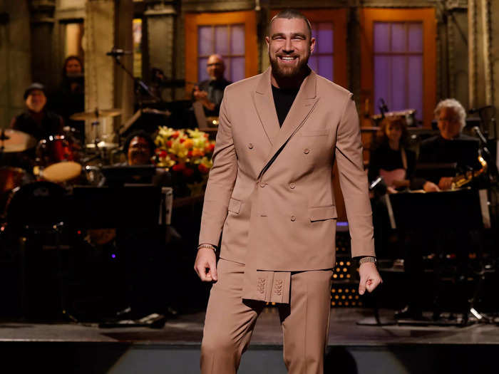 Kelce opted for a Dior suit with a twist for his SNL monologue in March. 