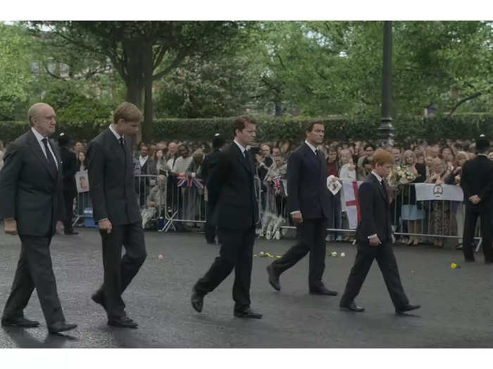 William and Harry are shown walking behind the coffin alongside their father, then Prince Charles, their uncle, Charles Spencer, and grandfather, Prince Philip.