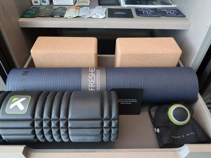 In line with its wellness-centered branding, it also came with fitness supplies like a foam roller and yoga mat. 