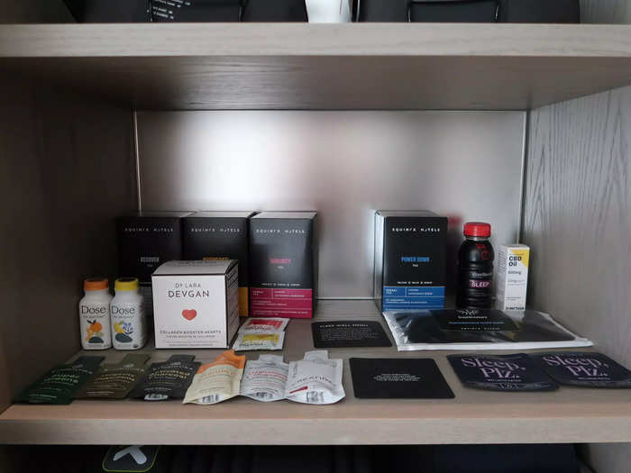 I found CBD oil, teas promoting sleep and immunity, and collagen supplements inside a cabinet.