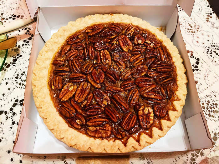 The pie was topped with a layer of large pecans.