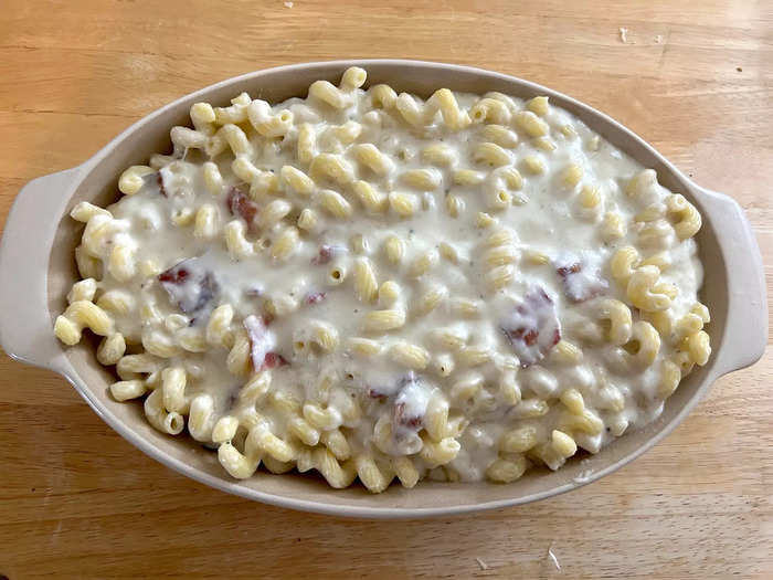 Then I poured my mac and cheese into a casserole dish. 